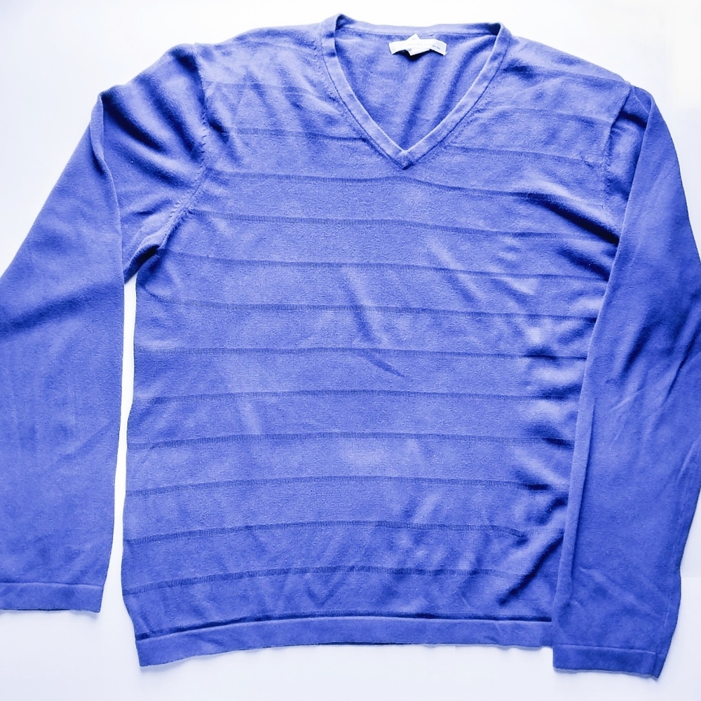 Kenneth Cole New York Slim Fit V-neck Striped blue Sweater, XL